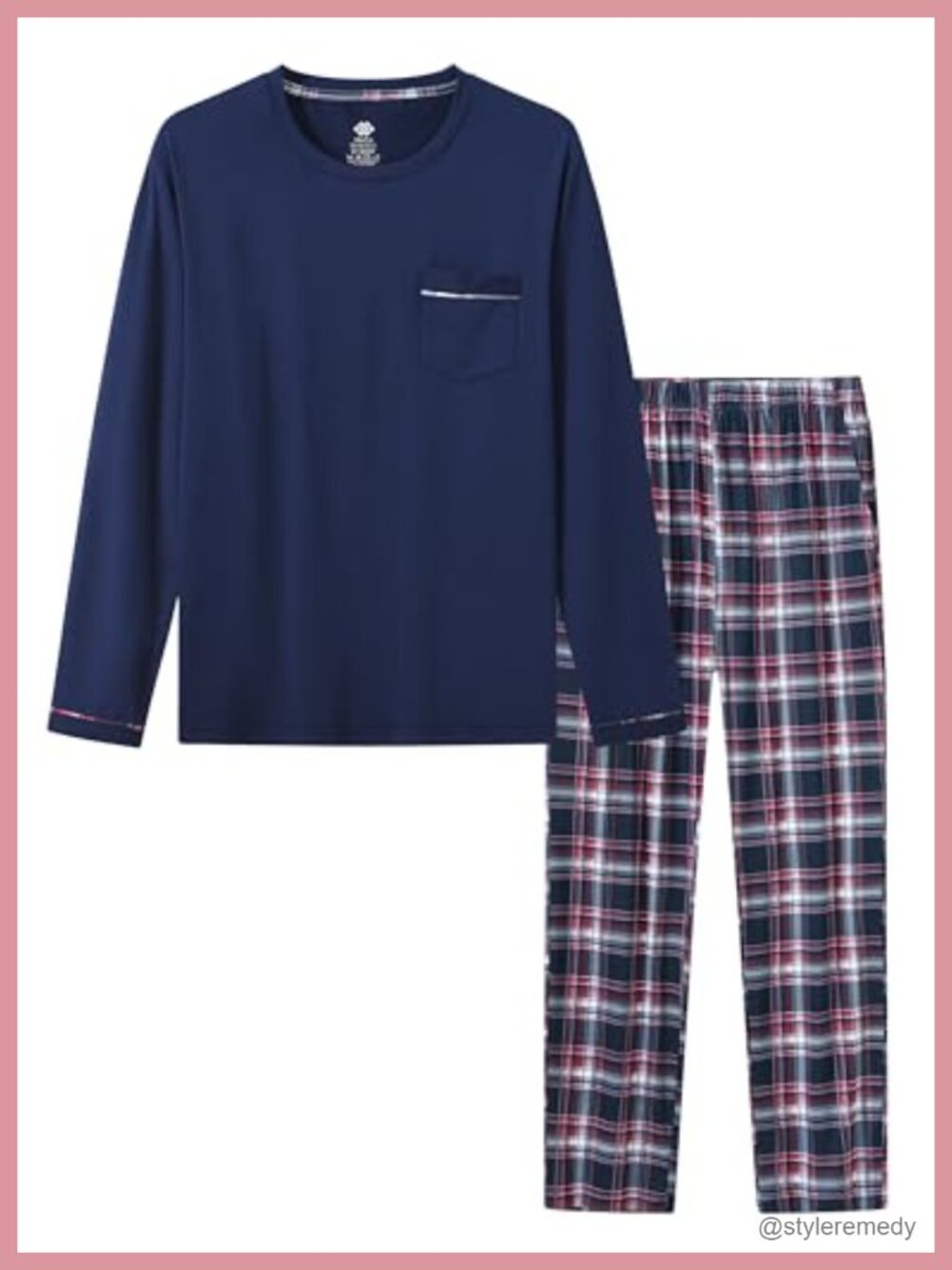 Men's Plaid Pajama Set Long Sleeve Crewneck Sleep Lounge Set with Pockets